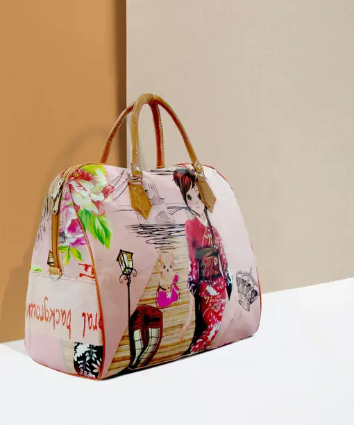 Japanese Doll Print Pink Travel Handbag