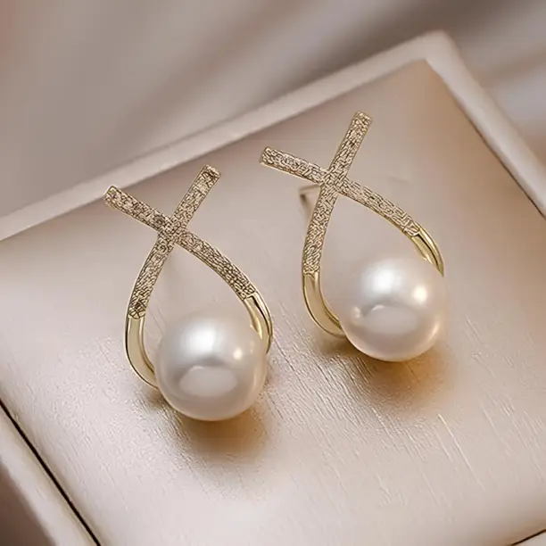 Korean Gold Plated Stone Pearl Earrings Stud For Women